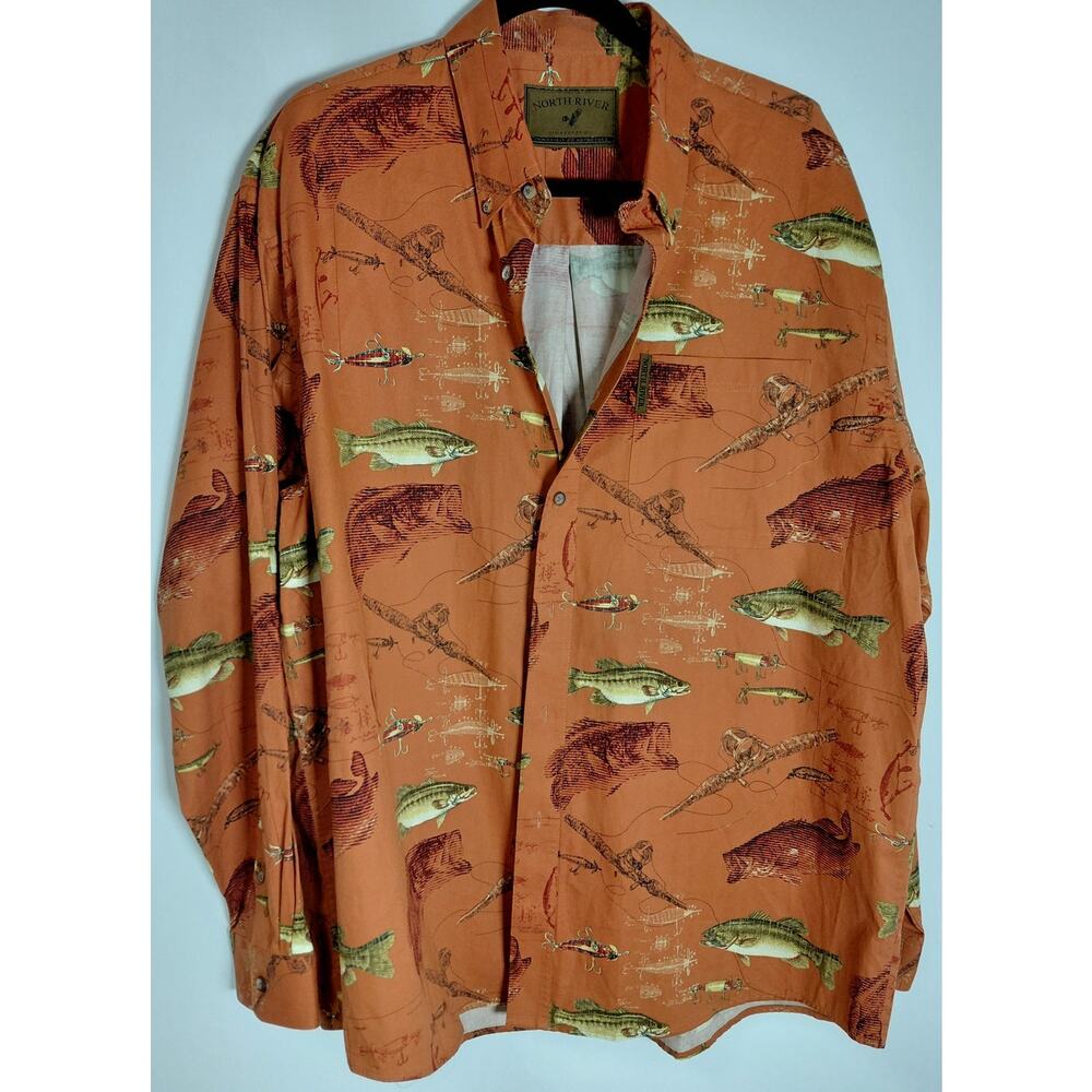 North River Fishing Print Button-Up Shirt Orange Graphic Print Woven Men Size XL